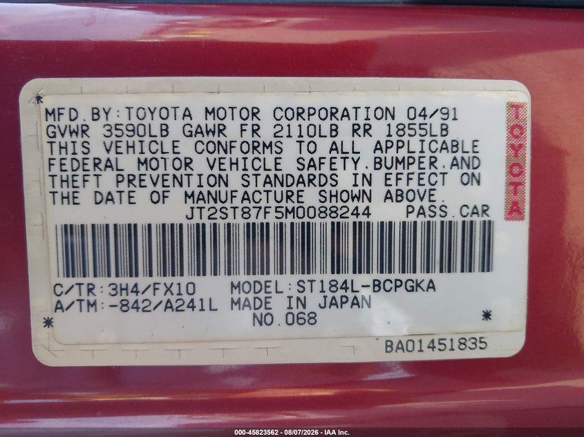TOYOTA CELICA 1991 VIN JT2ST87F5M0088244