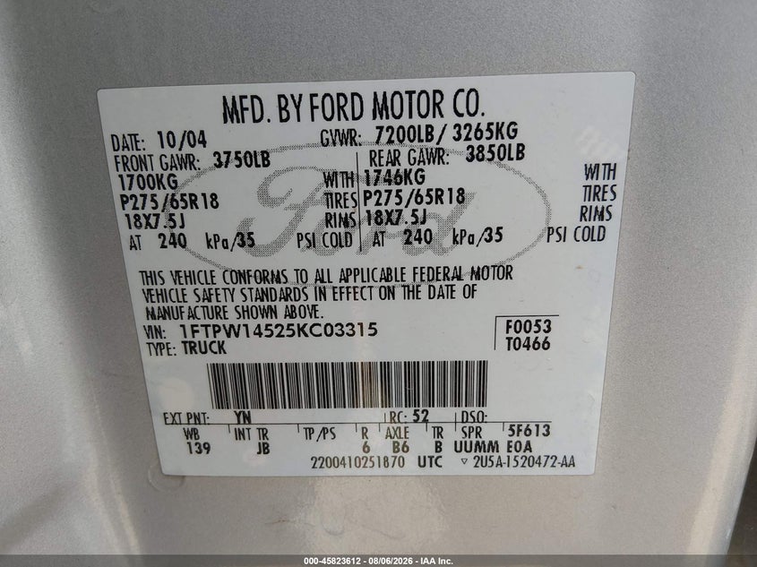 2005 FORD F-150 TRUCK 5.4L V-8 VVT, 300HP