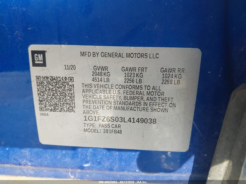 CHEVROLET BOLT EV 2020 VIN 1G1FZ6S03L4149038
