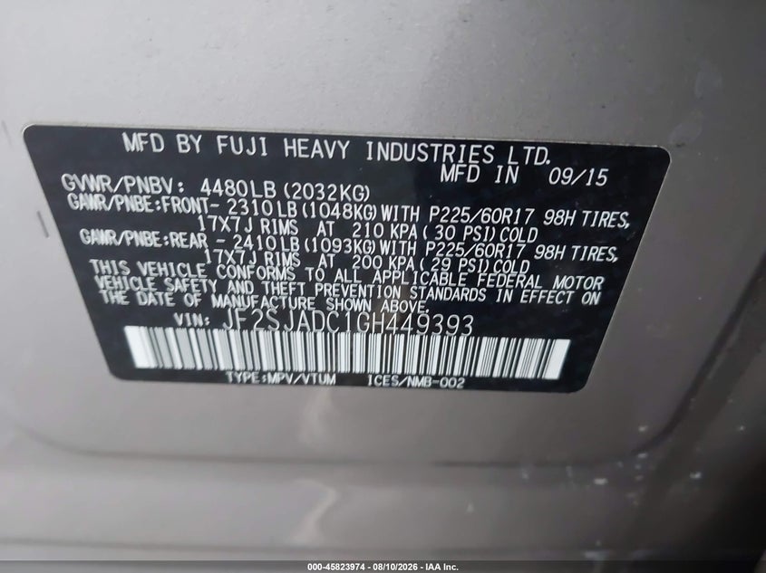 SUBARU FORESTER 2016 VIN JF2SJADC1GH449393