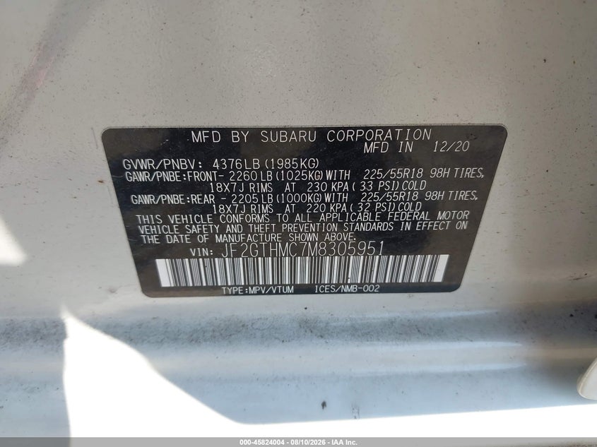 2021 SUBARU XV SPORT UTILITY VEHICLE 2.5L H-4 DI, DOHC, VVT, 182HP