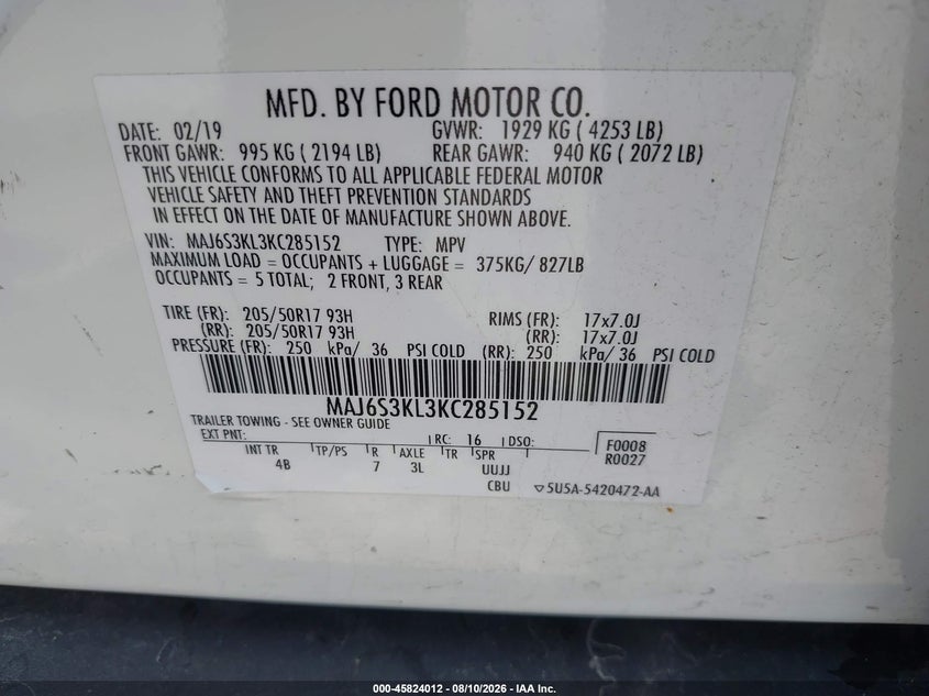 2019 FORD ECOSPORT SPORT UTILITY VEHICLE 2.0L I-4 DI, DOHC, VVT, 166HP
