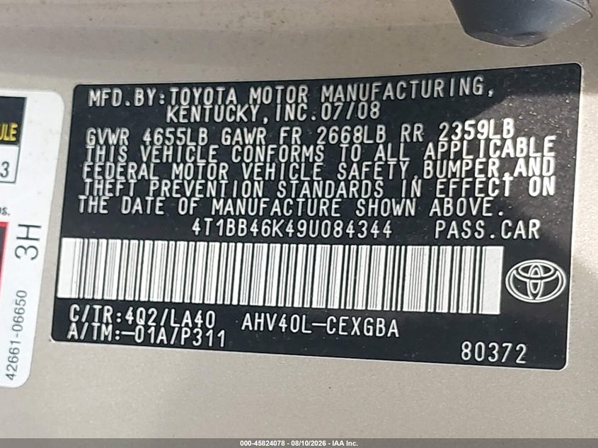 TOYOTA CAMRY HYBRID 2009 VIN 4T1BB46K49U084344