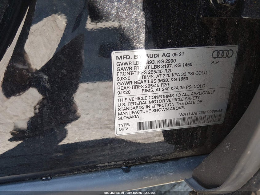 AUDI Q7 2021 VIN WA1LJAF73MD039856