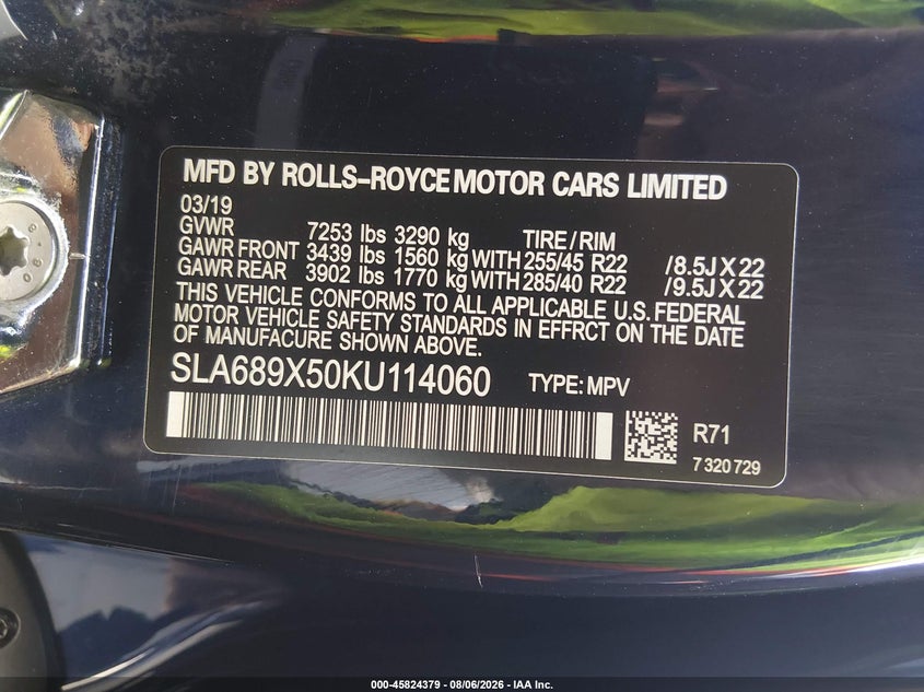 ROLLS-ROYCE CULLINAN 2019 VIN SLA689X50KU114060