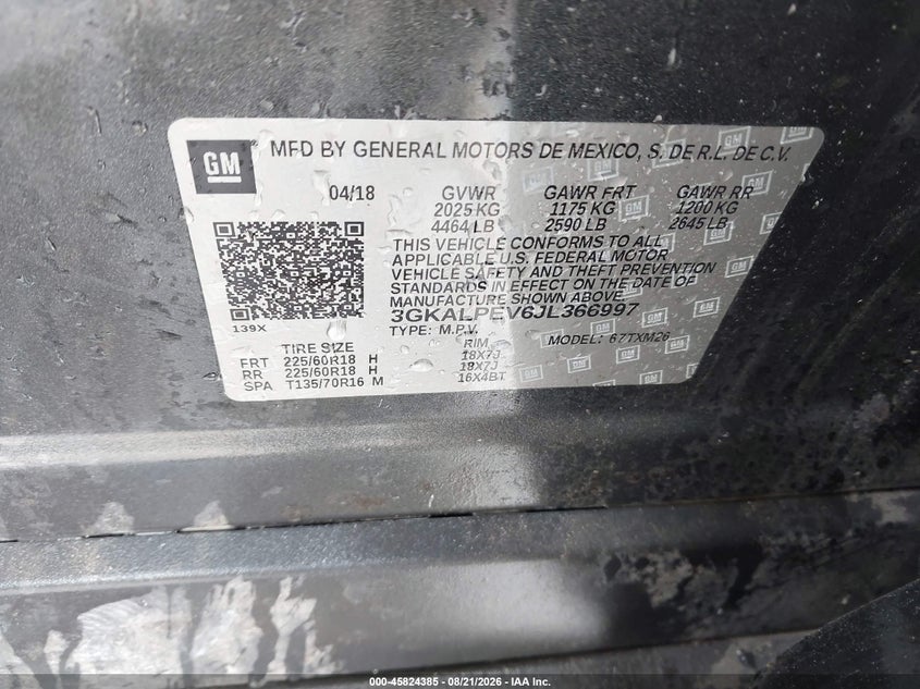 GMC TERRAIN 2018 VIN 3GKALPEV6JL366997