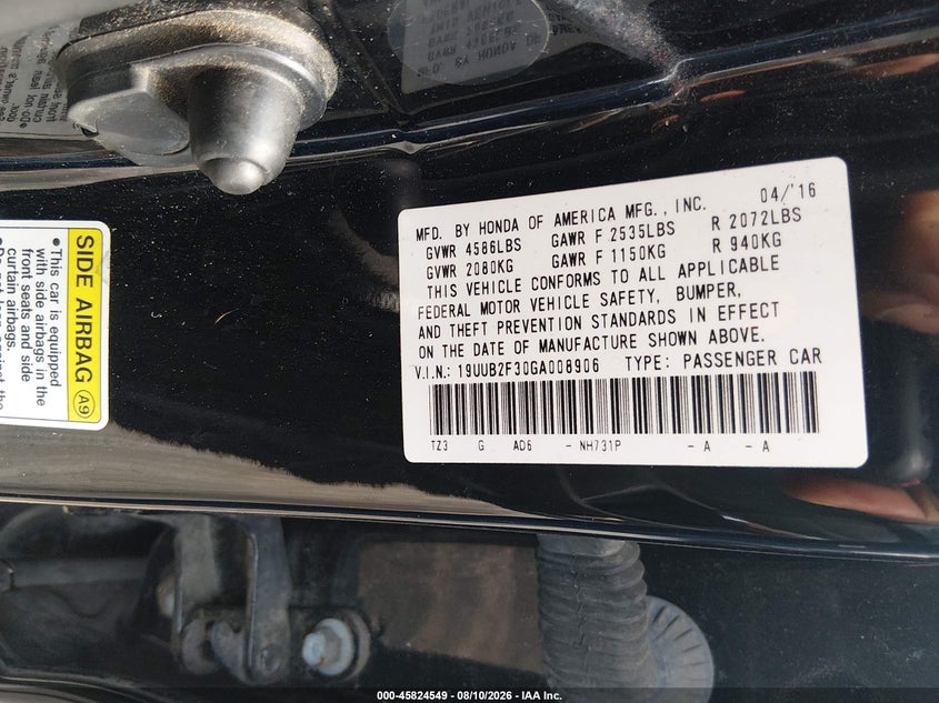 2016 ACURA TLX SEDAN 3.5L V-6 DI, VVT, 290HP