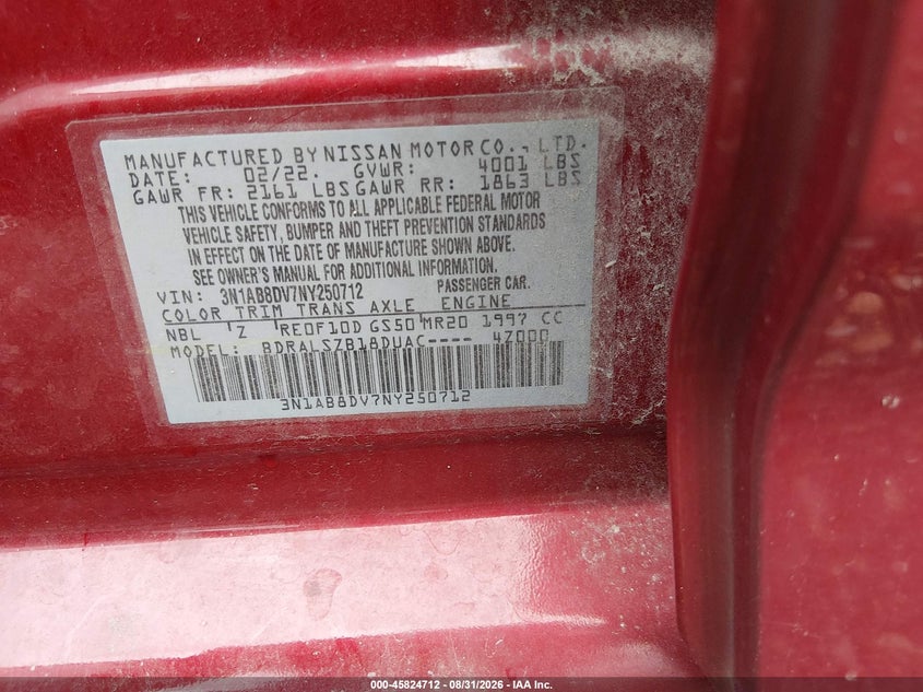 NISSAN SENTRA 2022 VIN 3N1AB8DV7NY250712