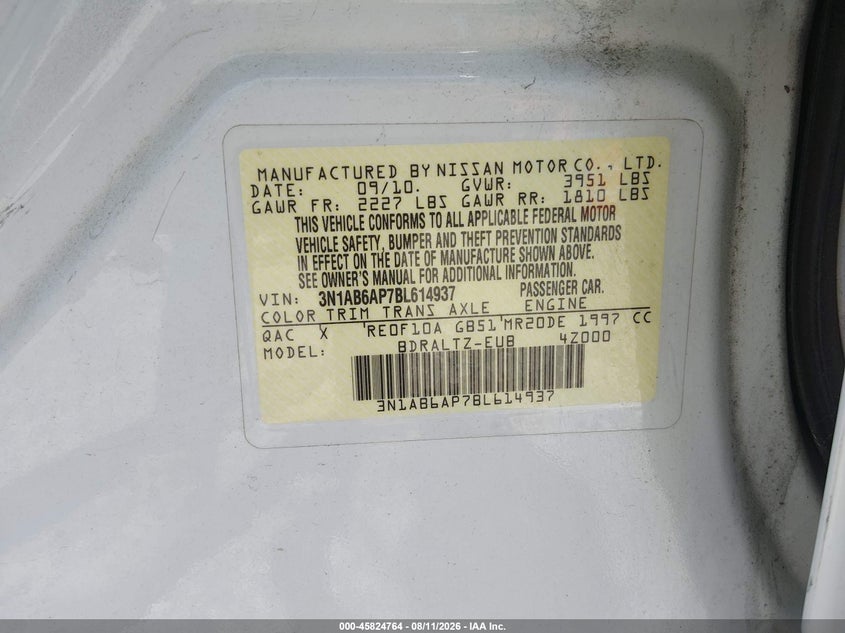 2011 NISSAN SENTRA SEDAN 2.0L I-4 DOHC, VVT, 140HP