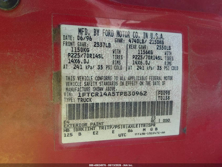 1996 FORD RANGER COUPE 2.3L I4 FI OHV F
