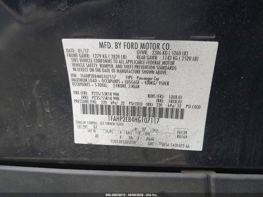 FORD TAURUS 2017 VIN 1FAHP2E84HG107117