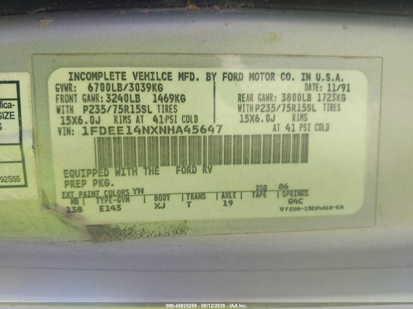 FORD ECONOLINE 1992 VIN 1FDEE14NXNHA45647