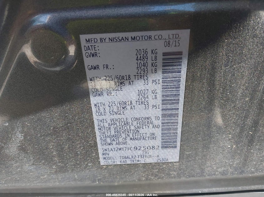 2015 NISSAN ROGUE SPORT UTILITY VEHICLE 2.5L I-4 DOHC, VVT, 170HP