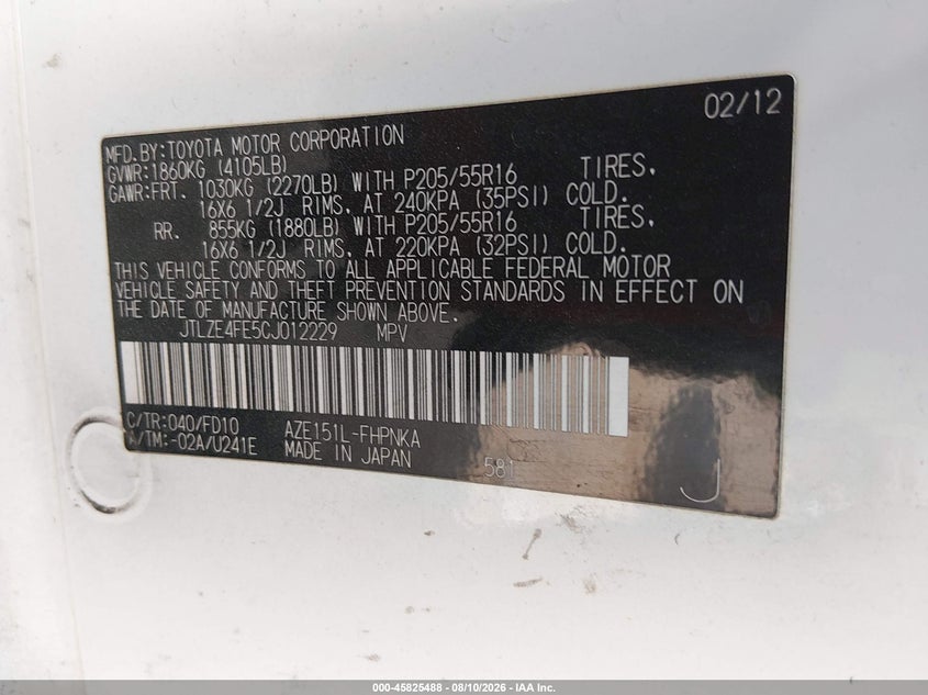 SCION XB 2012 VIN JTLZE4FE5CJ012229