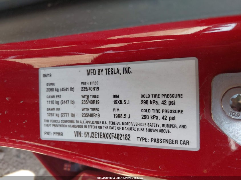 TESLA MODEL 3 2019 VIN 5YJ3E1EAXKF402182