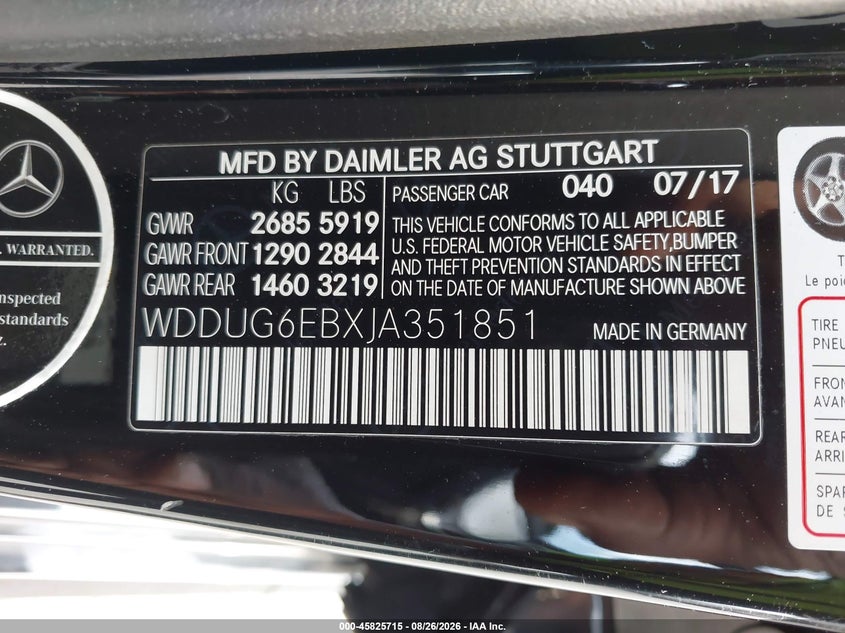 MERCEDES-BENZ S 450 2018 VIN WDDUG6EBXJA351851