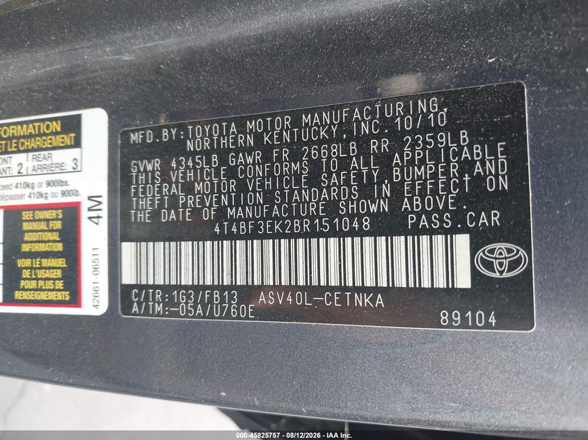2011 TOYOTA CAMRY SEDAN 2.5L I-4 DOHC, VVT, 169HP