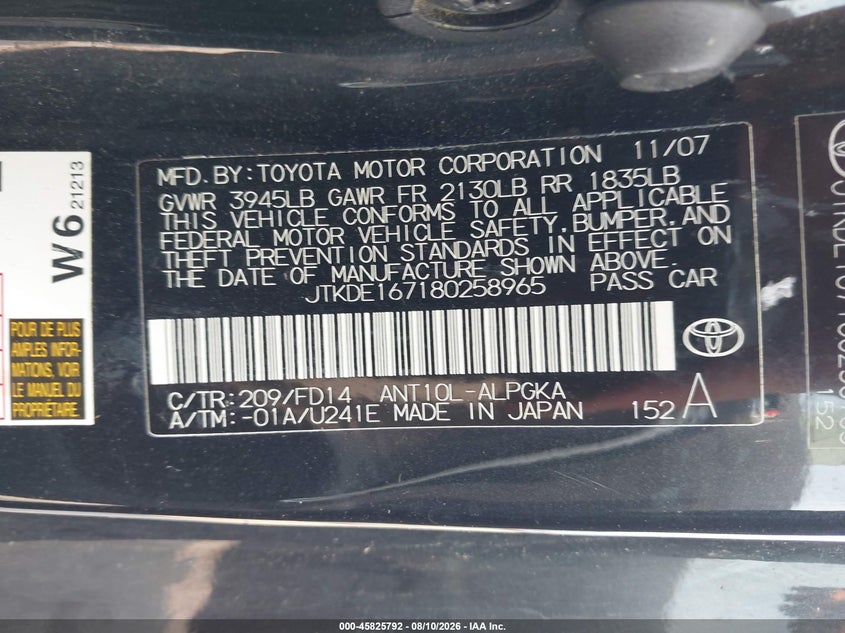 SCION TC 2008 VIN JTKDE167180258965