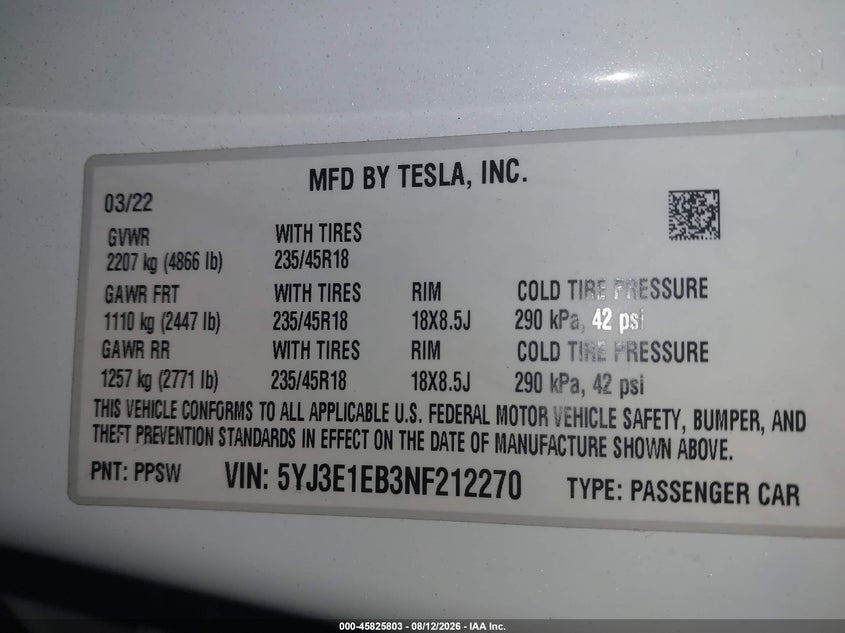 2022 TESLA MODEL 3 SEDAN ELECTRIC