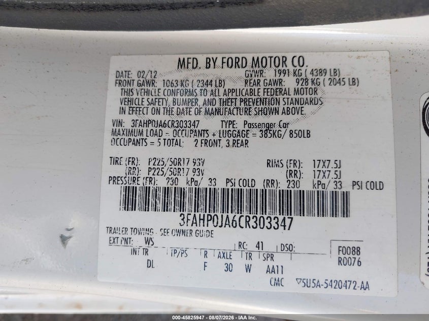 2012 FORD FUSION SEDAN 2.5L I-4 DOHC, VVT, 175HP