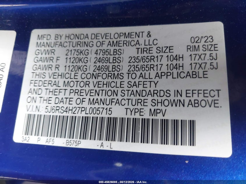 HONDA CR-V 2023 VIN 5J6RS4H27PL005715