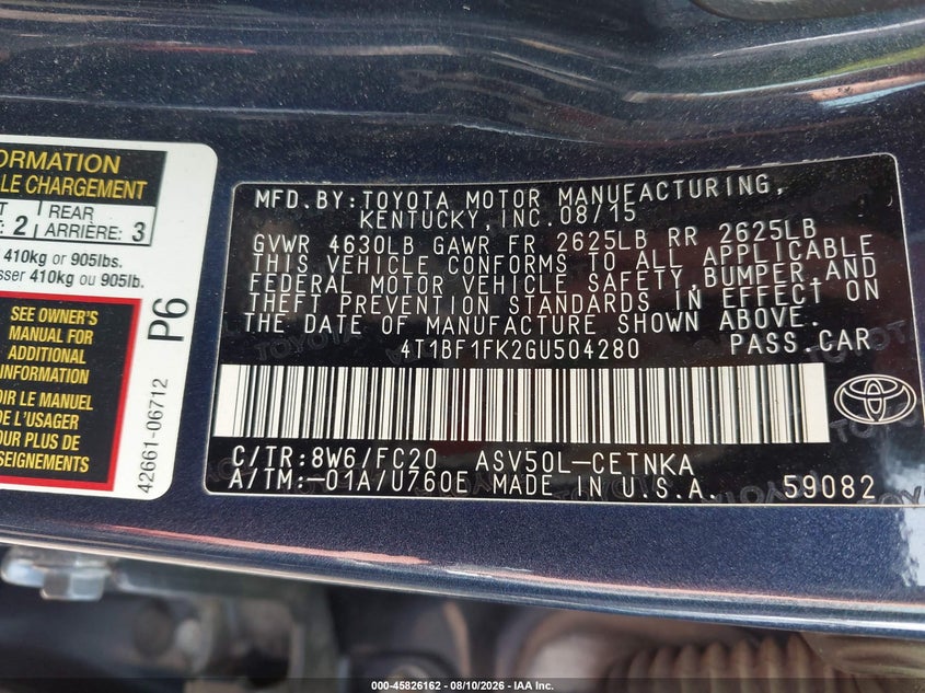 2016 TOYOTA CAMRY SEDAN 2.5L I-4 DOHC, VVT, 178HP