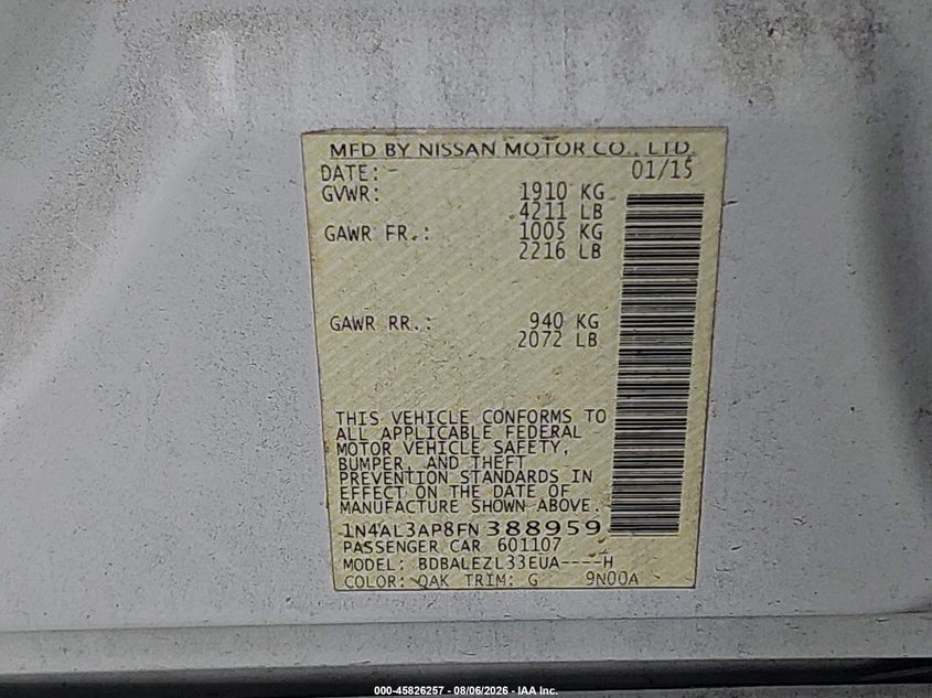2015 NISSAN ALTIMA SEDAN 2.5L I-4 DOHC, VVT, 182HP