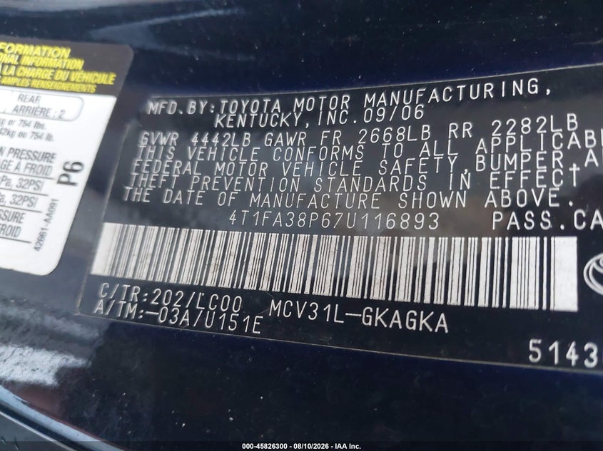 TOYOTA CAMRY SOLARA 2007 VIN 4T1FA38P67U116893