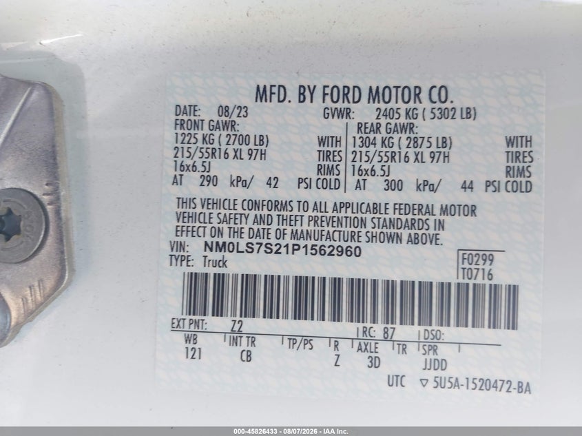 FORD TRANSIT CONNECT 2023 VIN NM0LS7S21P1562960