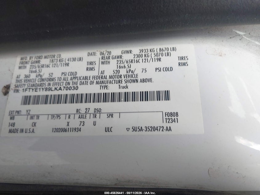 2020 FORD TRANSIT-150 VAN 3.5L V-6 DI, DOHC, VVT, 275HP