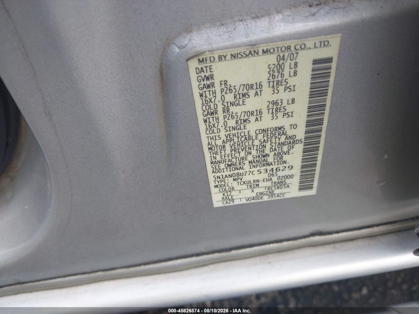 NISSAN XTERRA 2007 VIN 5N1AN08U77C534629