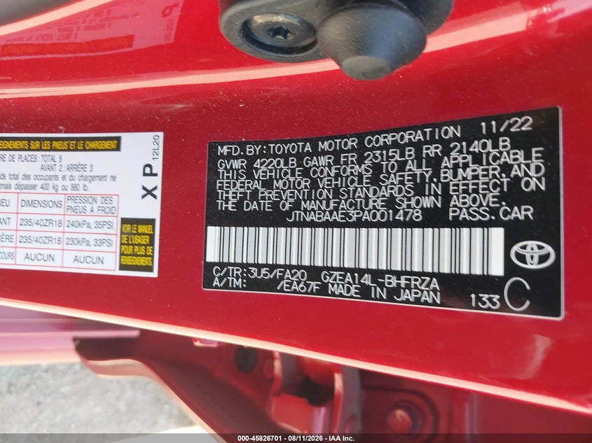 TOYOTA GR COROLLA 2023 VIN JTNABAAE3PA001478