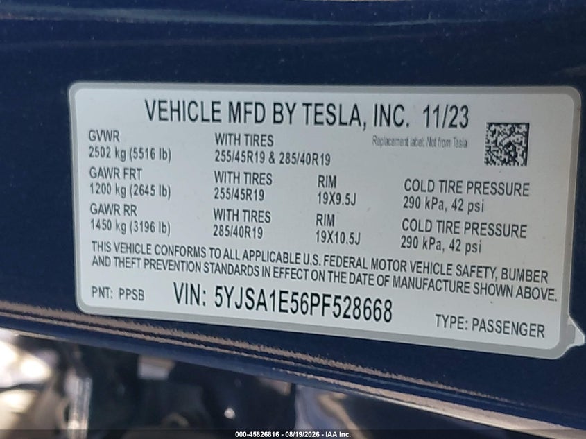 TESLA MODEL S 2023 VIN 5YJSA1E56PF528668