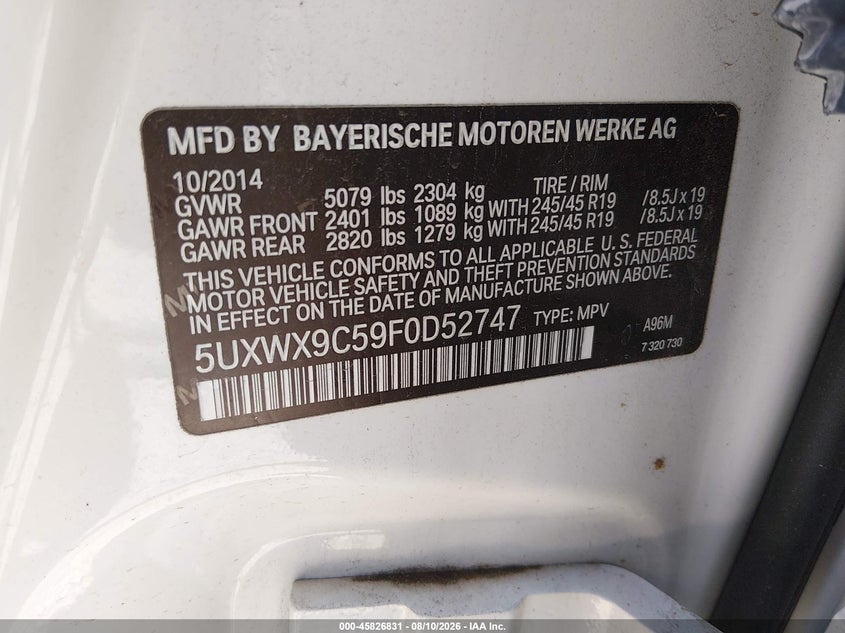 BMW X3 2015 VIN 5UXWX9C59F0D52747