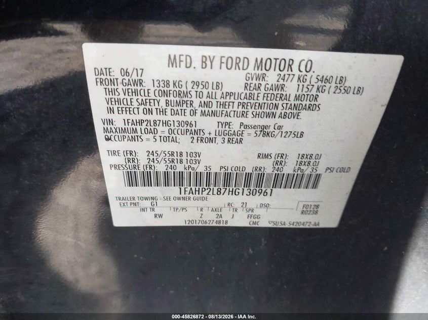 FORD POLICE INTERCEPTOR 2017 VIN 1FAHP2L87HG130961