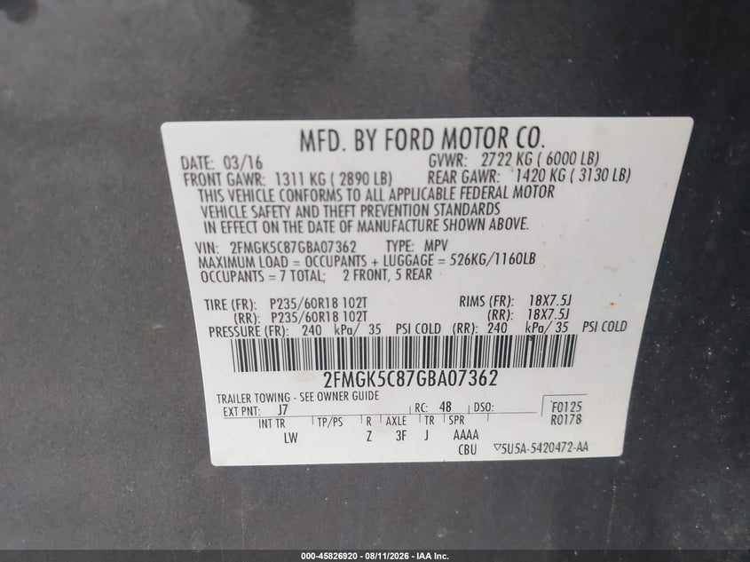 FORD FLEX 2016 VIN 2FMGK5C87GBA07362