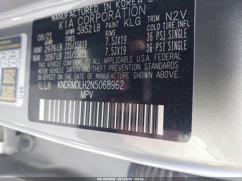 KIA SORENTO PLUG-IN HYBRID 2022 VIN KNDRMDLH2N5068962