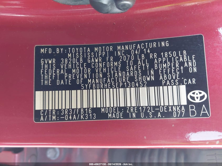 2014 TOYOTA COROLLA SEDAN 1.8L I-4 DOHC, VVT, 132HP