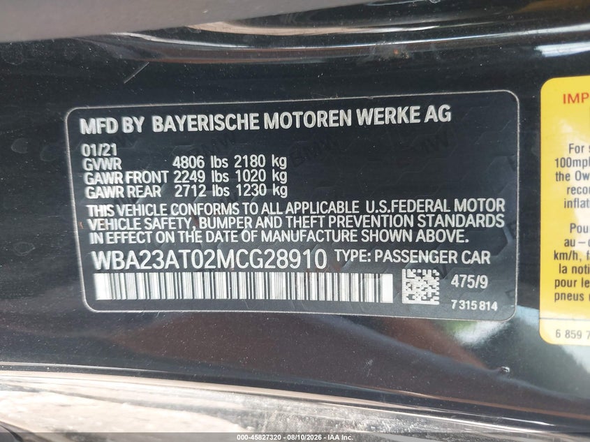 BMW 430I 2021 VIN WBA23AT02MCG28910