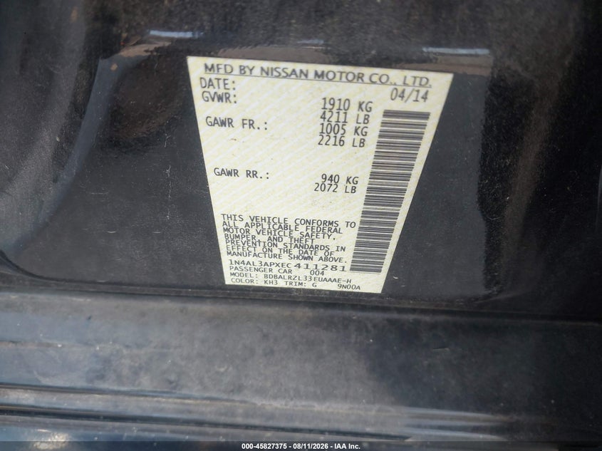 NISSAN ALTIMA 2014 VIN 1N4AL3APXEC411281