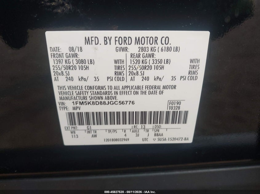 FORD EXPLORER 2018 VIN 1FM5K8D88JGC56776