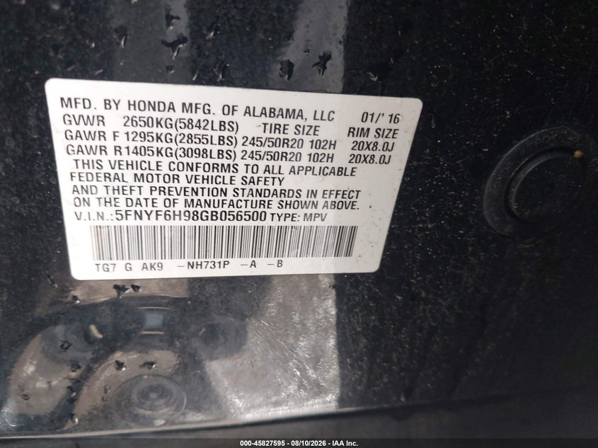 HONDA PILOT 2016 VIN 5FNYF6H98GB056500