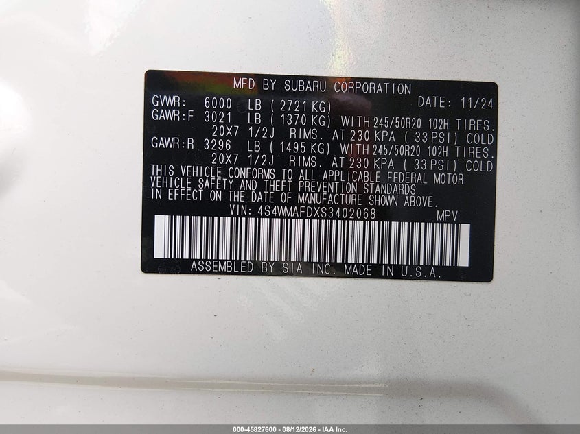 SUBARU ASCENT 2025 VIN 4S4WMAFDXS3402068