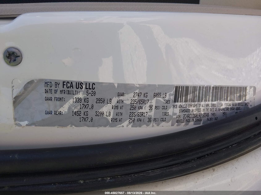 CHRYSLER VOYAGER 2020 VIN 2C4RC1DG0LR216548