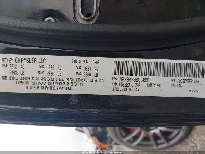 DODGE CALIBER 2008 VIN 1B3HB68F88D664996
