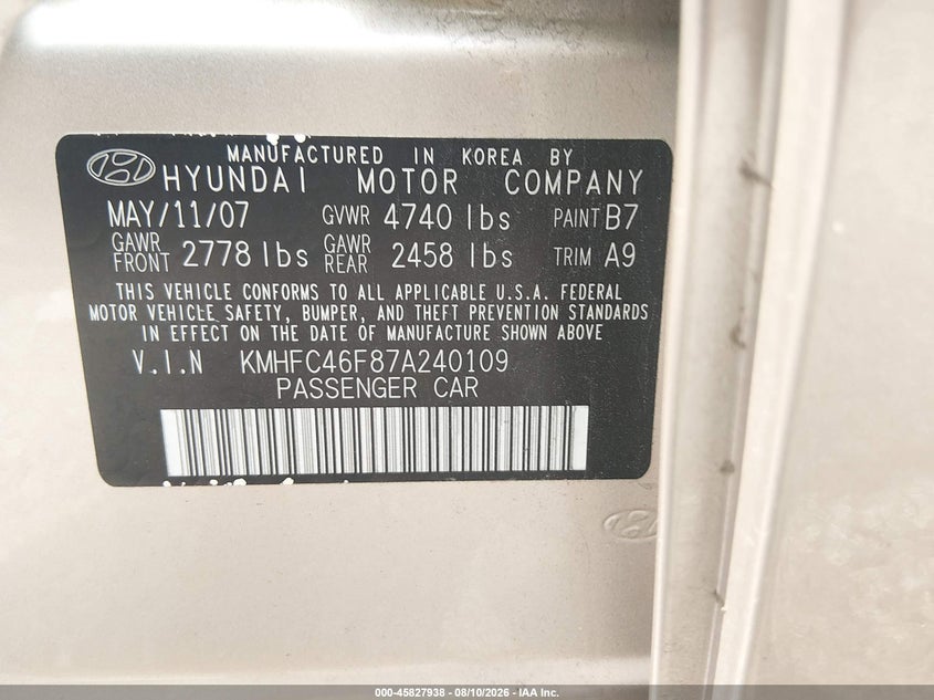 HYUNDAI AZERA 2007 VIN KMHFC46F87A240109