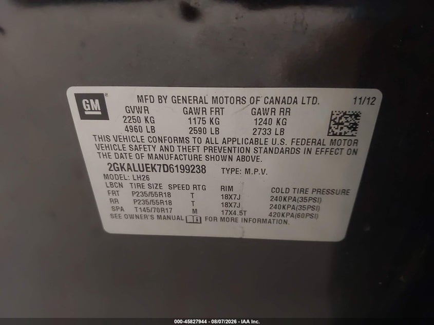 2013 GMC TERRAIN SPORT UTILITY VEHICLE 2.4L I-4 DI, DOHC, VVT, 182HP