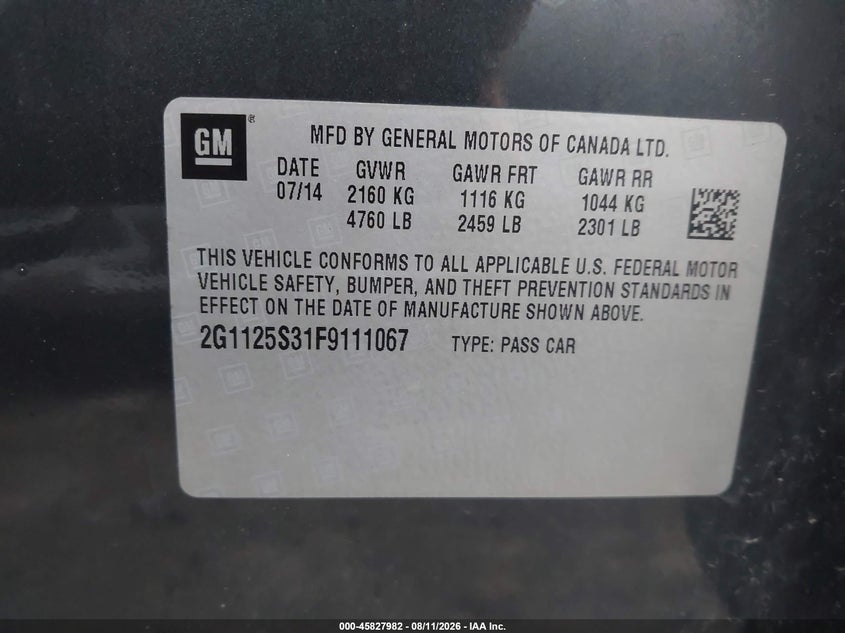 2015 CHEVROLET IMPALA SEDAN 3.6L V-6 DI, DOHC, VVT, 305HP