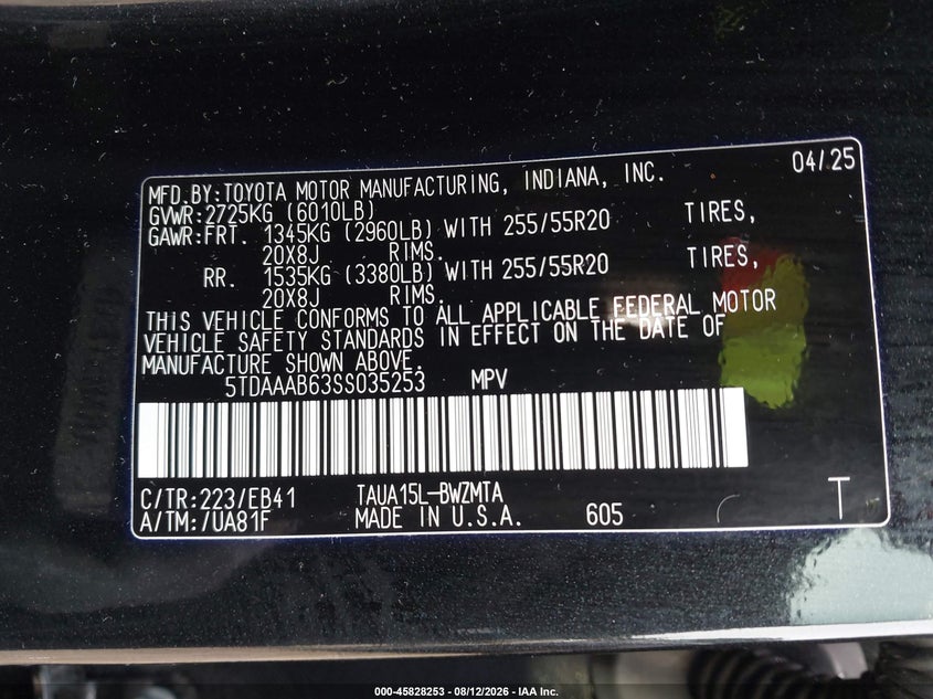 LEXUS TX 350 2025 VIN 5TDAAAB63SS035253
