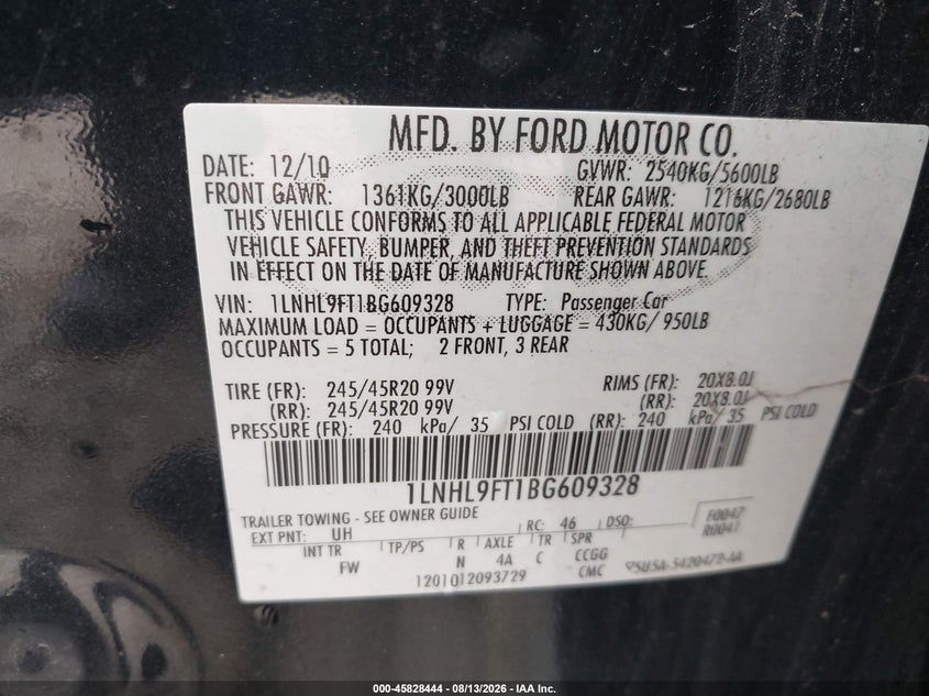 2011 LINCOLN MKS SEDAN 3.5L V-6 DI, DOHC, VVT, TURBO, 355HP